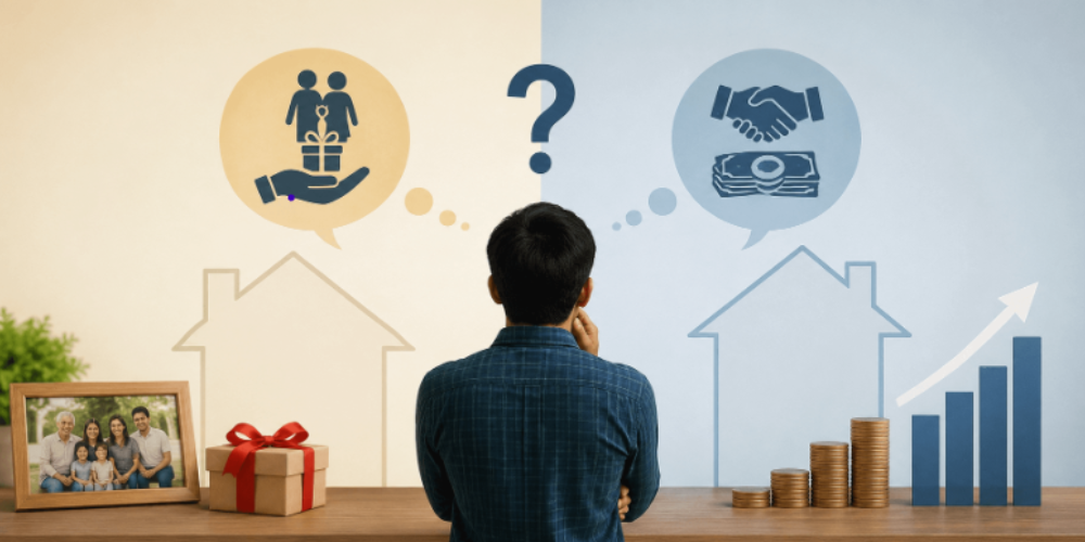 Conceptual illustration showing a person comparing gift deed and sale deed options for property transfer in India