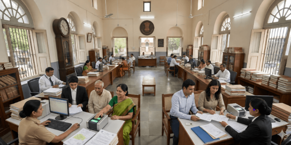 Indian government office assisting citizens and NRIs with sale deed registration paperwork